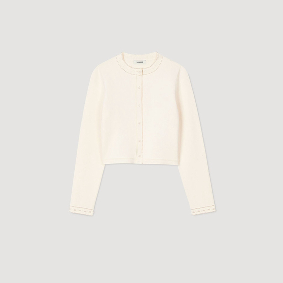 Sandro Paris Pearl Trim Cream Knit Cropped Cardigan Sweater - Picture 3 of 6